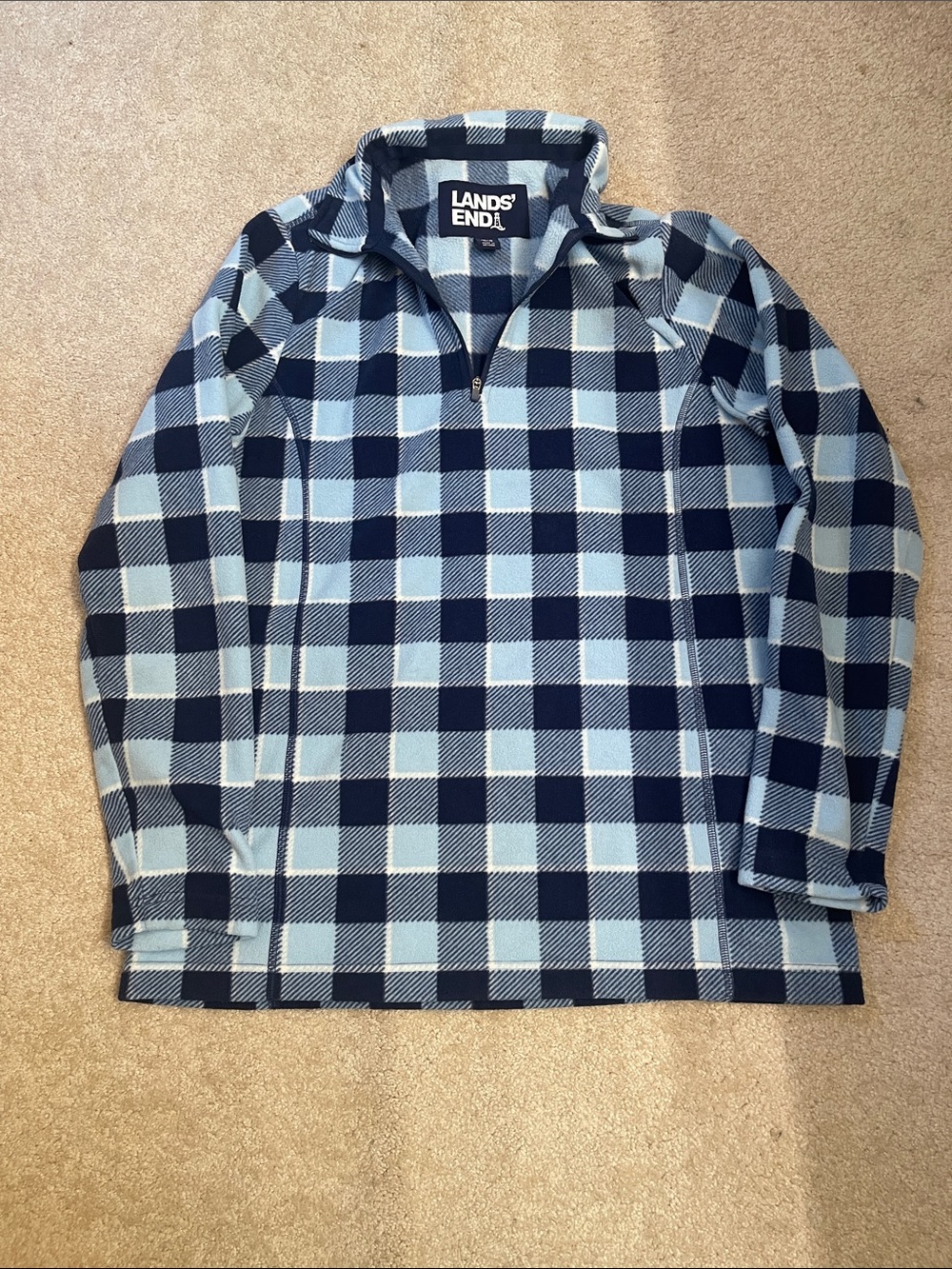 Lands' End Womens Blue Check Half-Zip Fleece Shirt